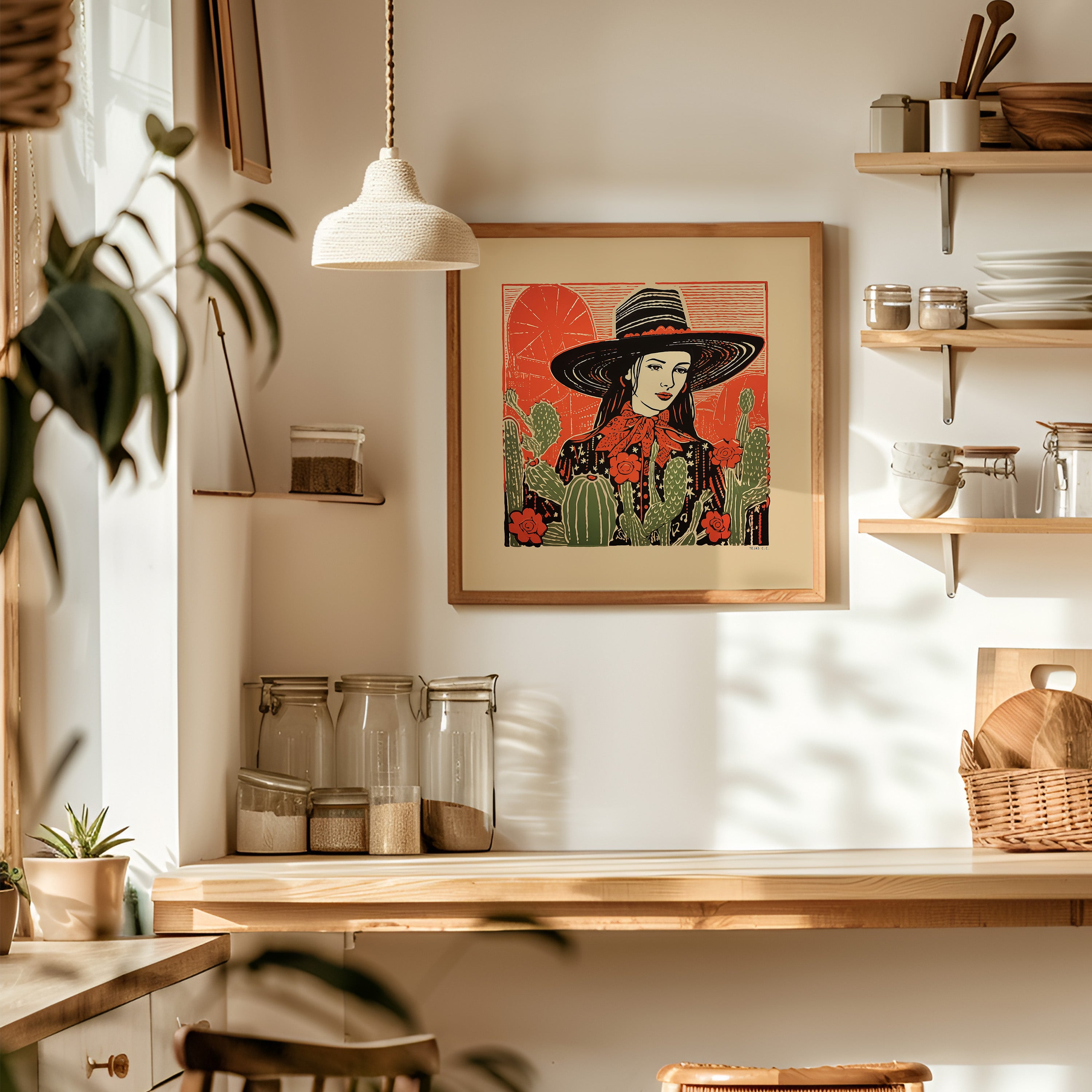 Desert Cowgirl Black Flat Brim Hat Linocut Style Art Print - Tejas Country Club