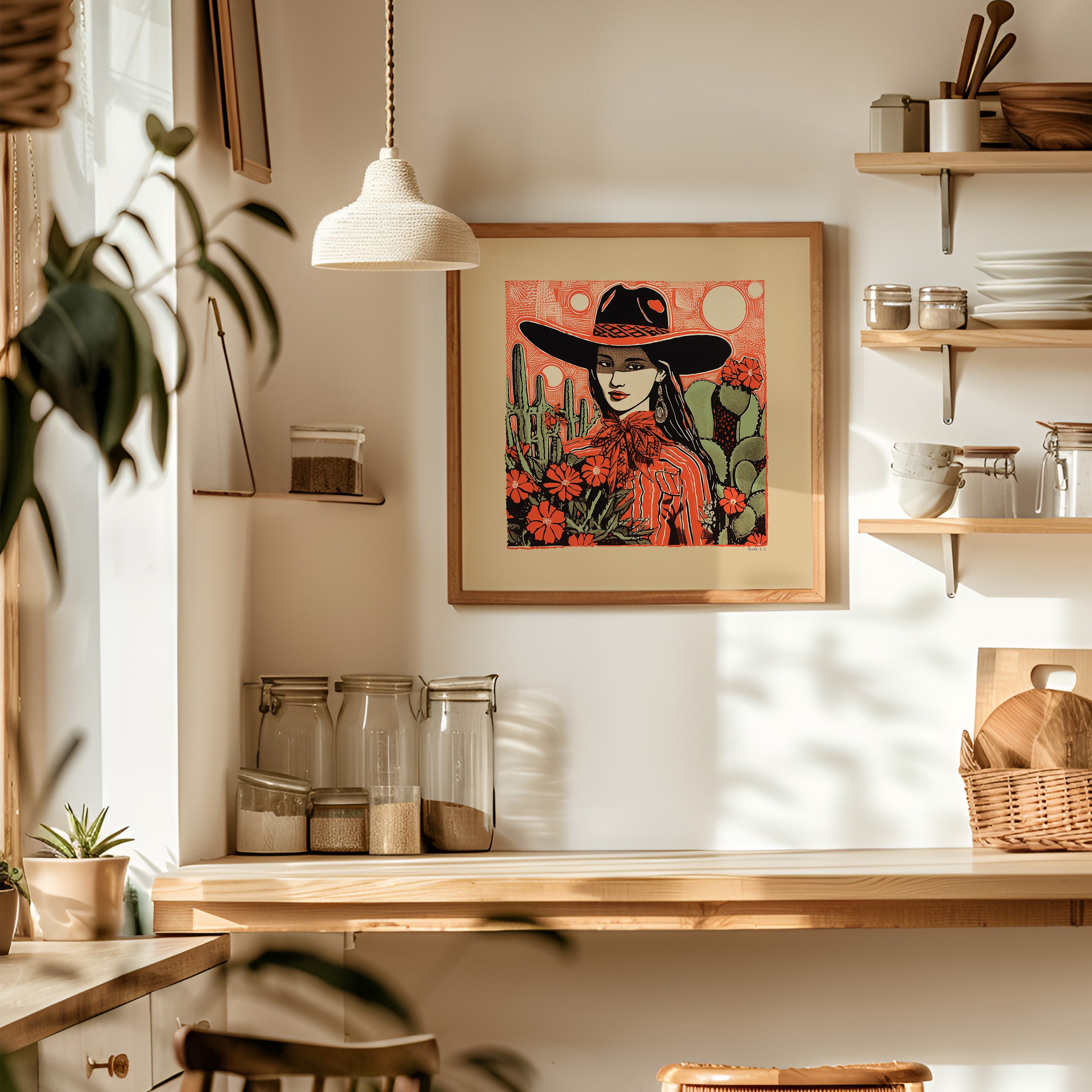 Desert Cowgirl Black Hat Red Band Linocut Style Art Print - Tejas Country Club