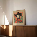 Desert Cowgirl Black Large Cowboy Hat Linocut Style Art Print - Tejas Country Club