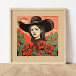 Desert Cowgirl Black Large Cowboy Hat Linocut Style Art Print - Tejas Country Club