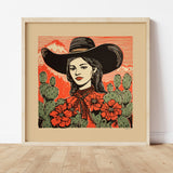 Desert Cowgirl Black Large Cowboy Hat Linocut Style Art Print - Tejas Country Club