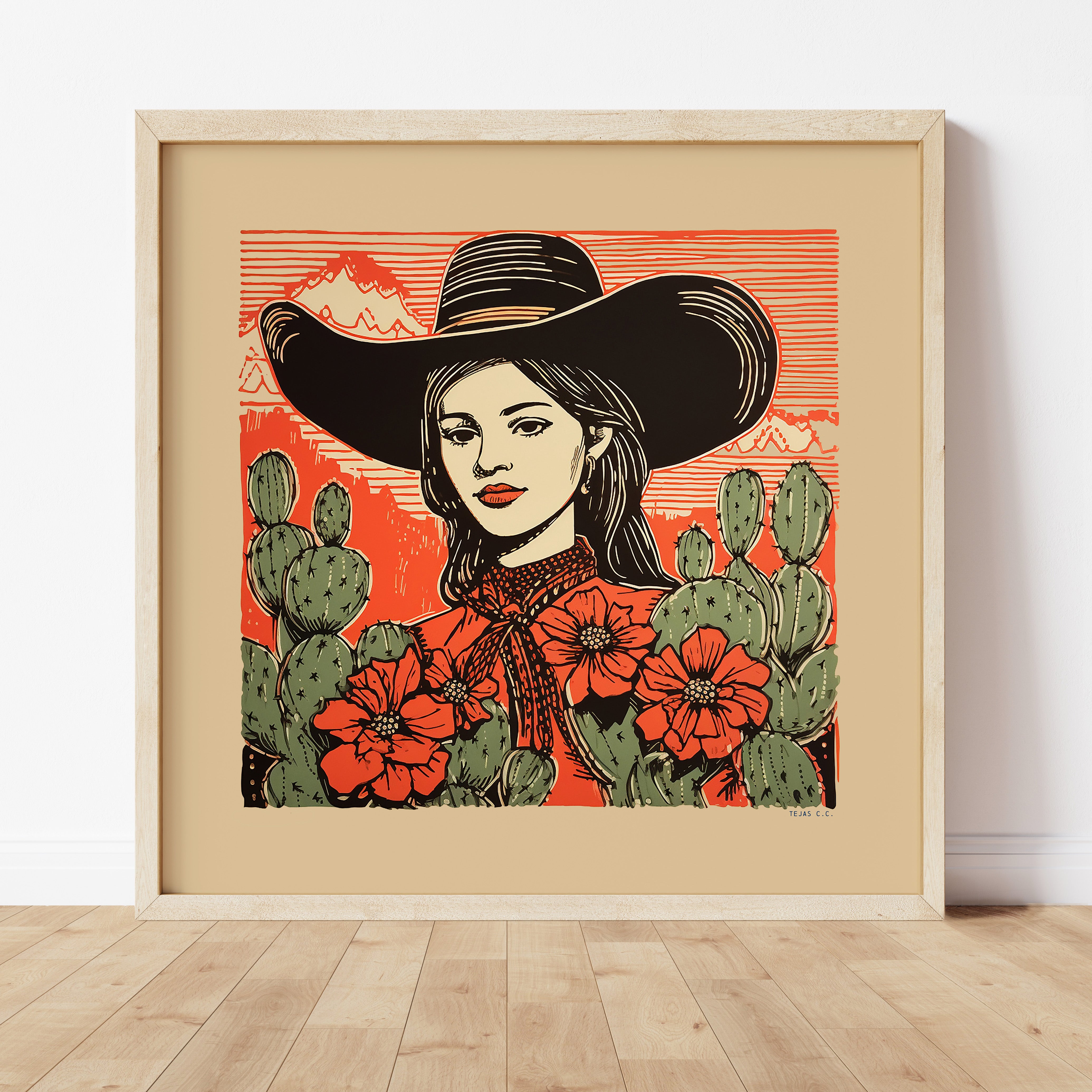 Desert Cowgirl Black Large Cowboy Hat Linocut Style Art Print - Tejas Country Club