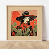 Desert Cowgirl Black Flat Brim Hat Linocut Style Art Print - Tejas Country Club