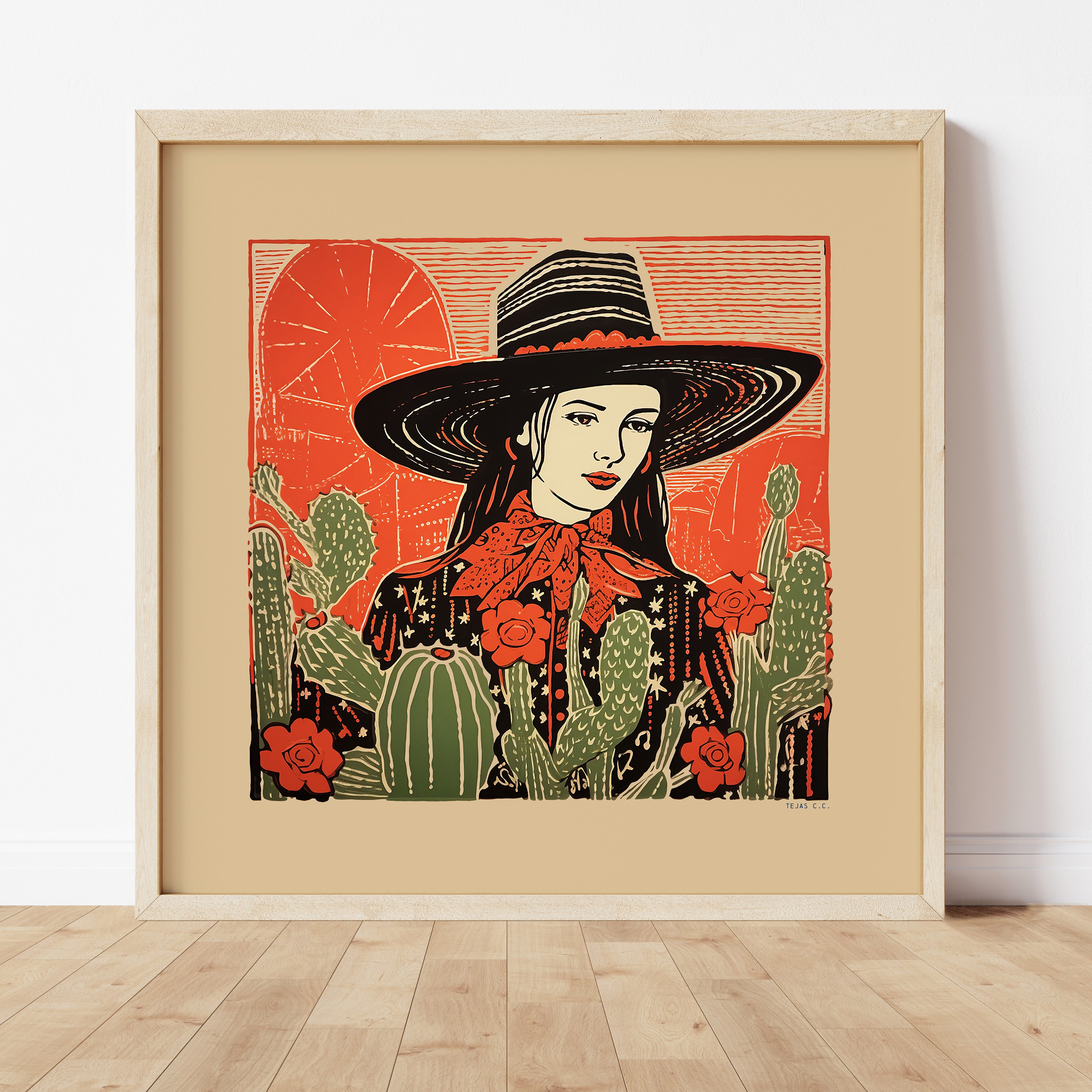 Desert Cowgirl Black Flat Brim Hat Linocut Style Art Print - Tejas Country Club