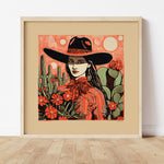Desert Cowgirl Black Hat Red Band Linocut Style Art Print - Tejas Country Club