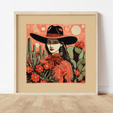 Desert Cowgirl Black Hat Red Band Linocut Style Art Print - Tejas Country Club