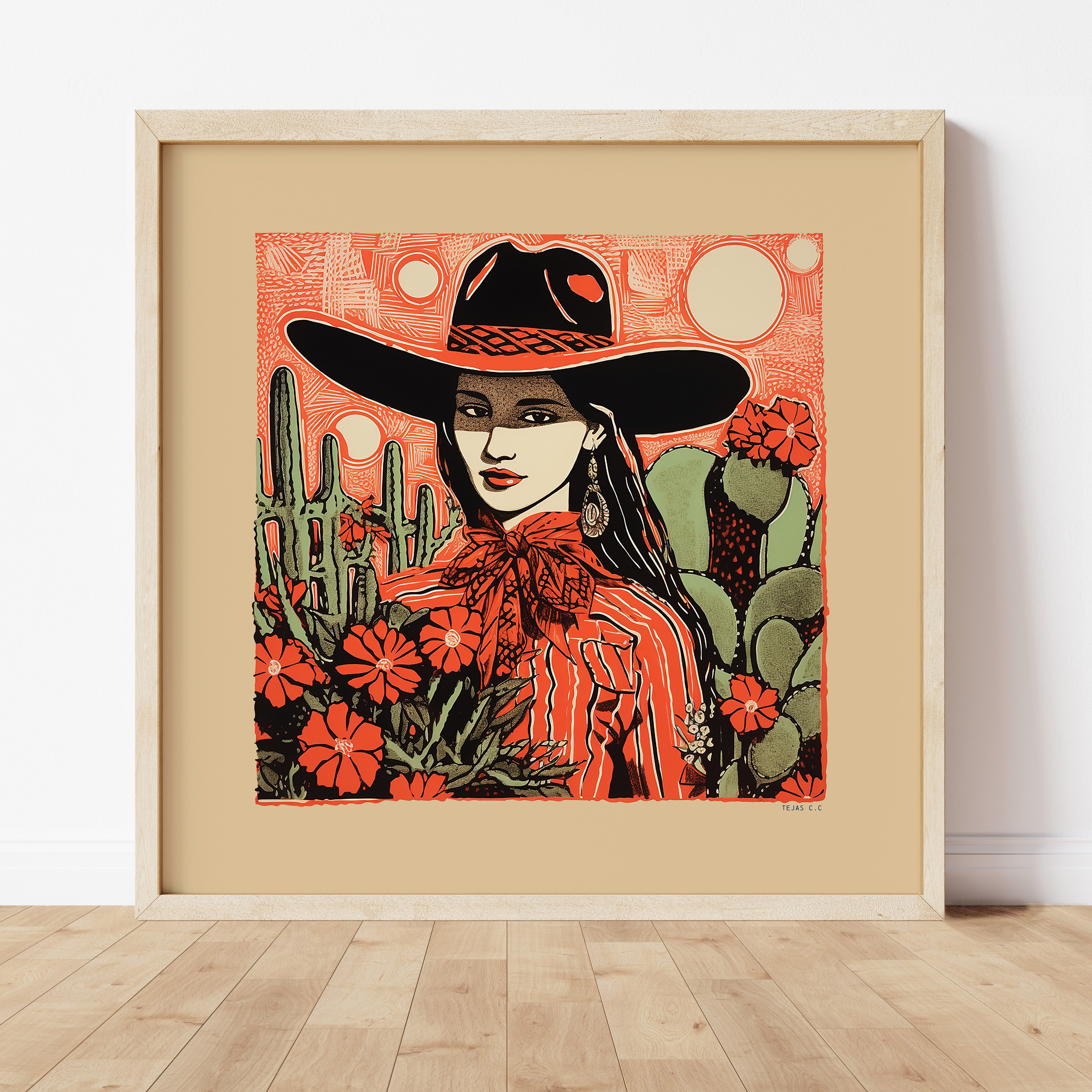 Desert Cowgirl Black Hat Red Band Linocut Style Art Print - Tejas Country Club
