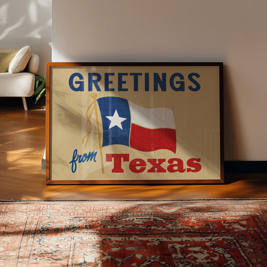 Greetings From Texas Flag Art Print (Natural)