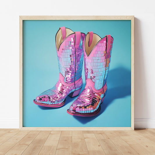 Disco Ball Pink Cowboy Boots Art Print