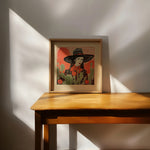 Desert Cowgirl Black Flat Brim Hat Linocut Style Art Print - Tejas Country Club