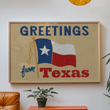Greetings From Texas Flag Art Print (Natural) - Tejas Country Club