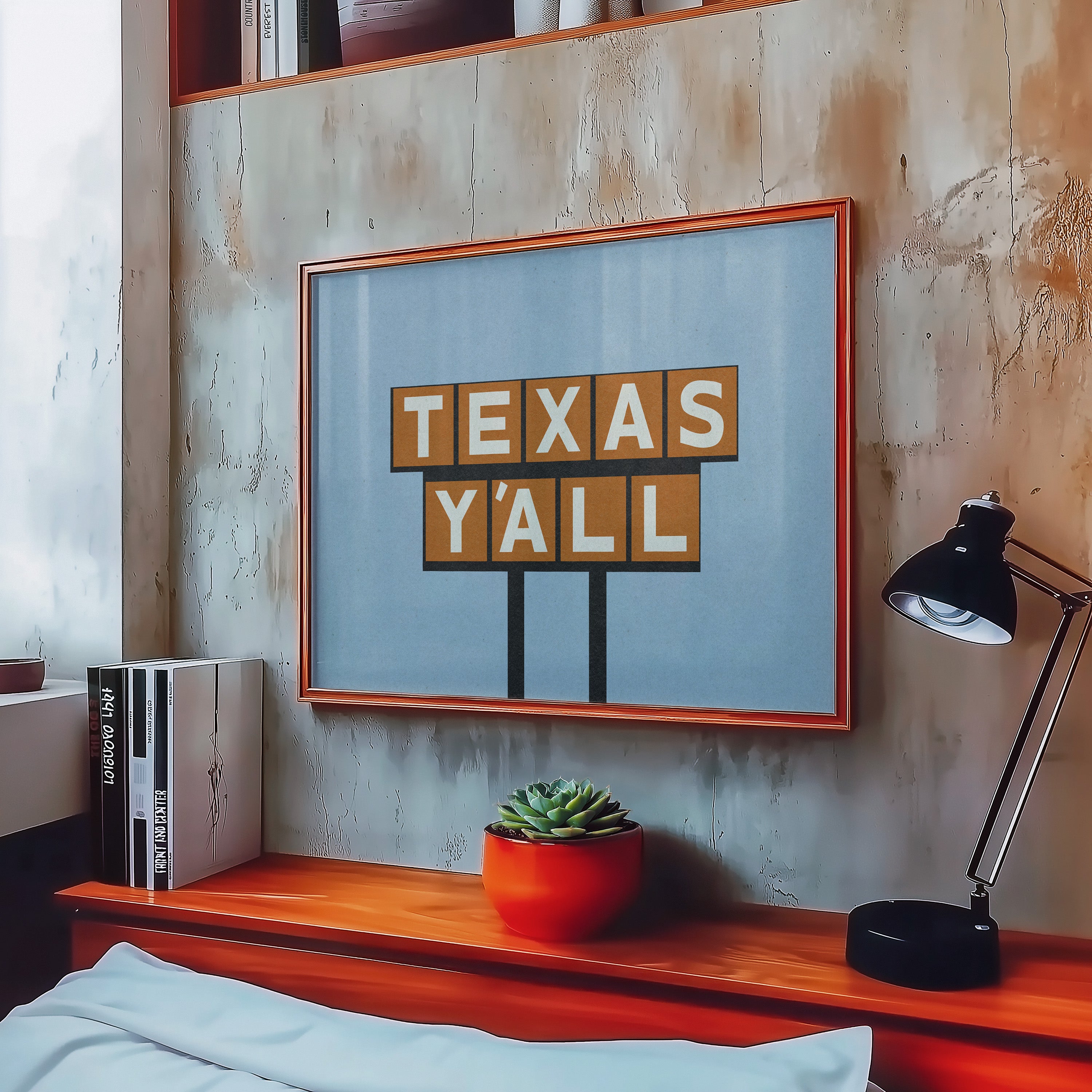 Texas Y'all Billboard Rusty Orange Art Print - Tejas Country Club
