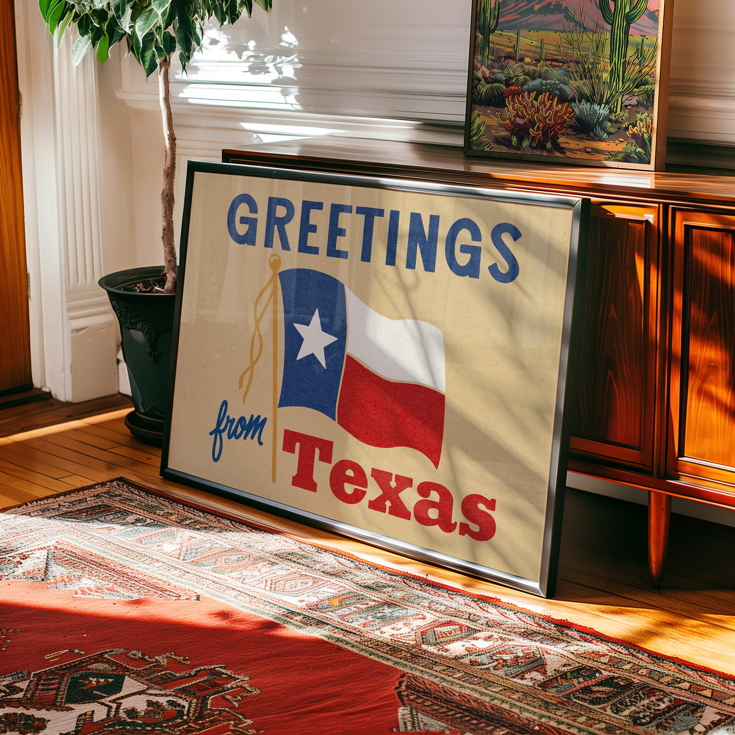 Greetings From Texas Flag Art Print (Natural) - Tejas Country Club