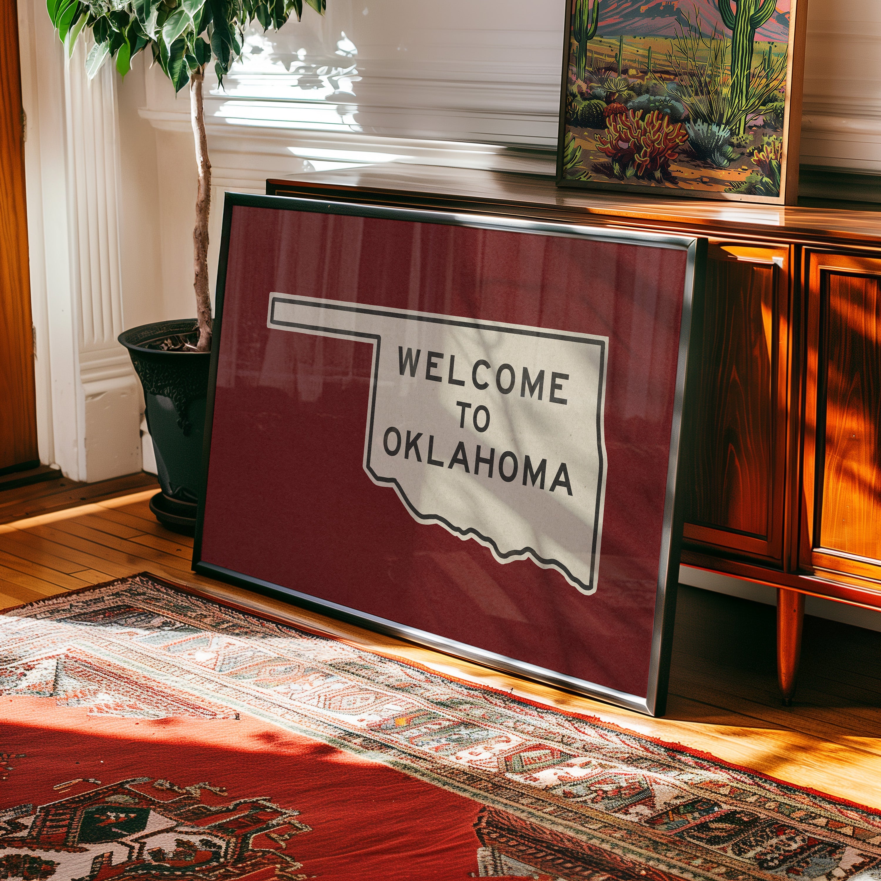 Welcome To Oklahoma Vintage Crimson Road Sign Art Print - Tejas Country Club