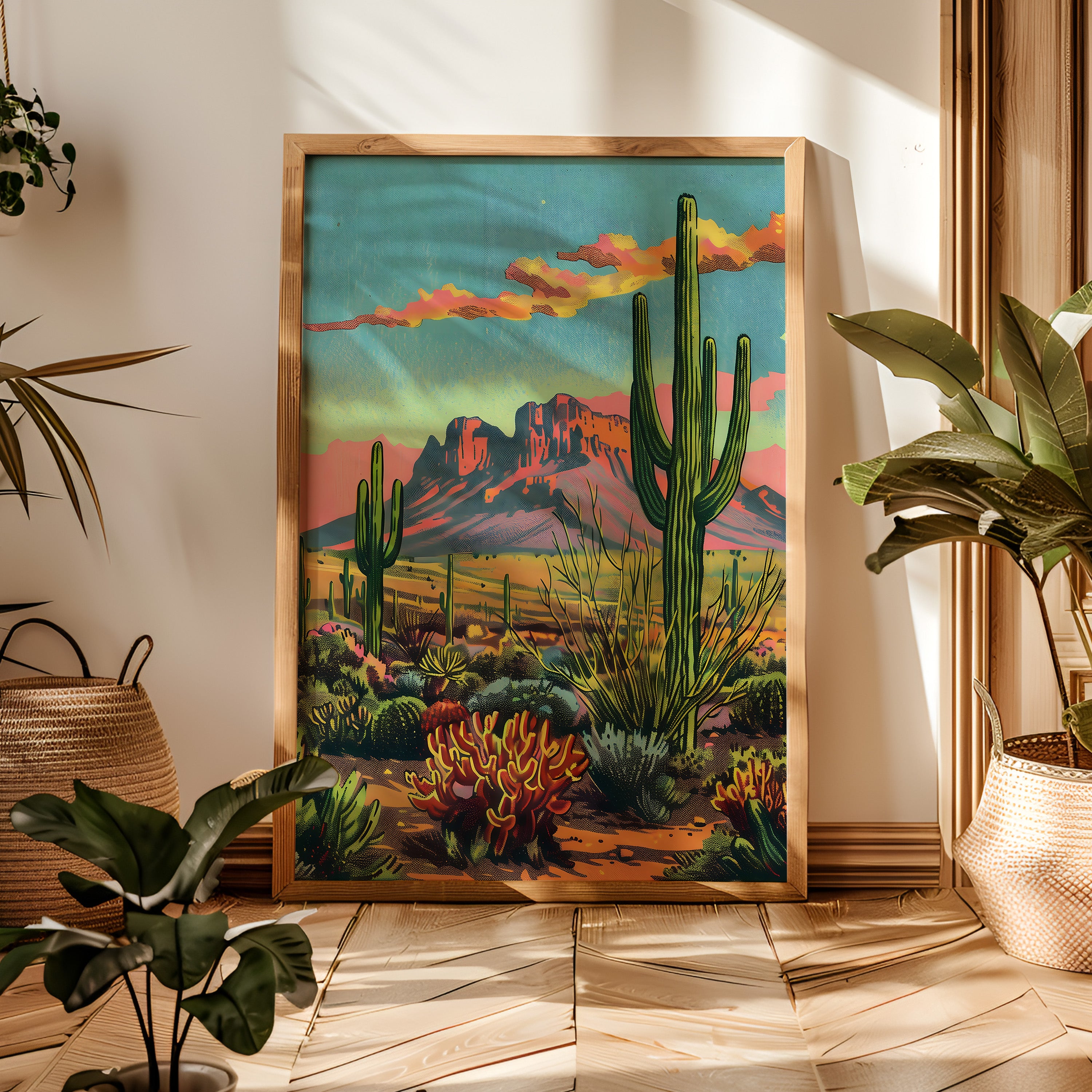 Vintage Postcard Style Desert Landscape Saguaro Art Print - Tejas Country Club