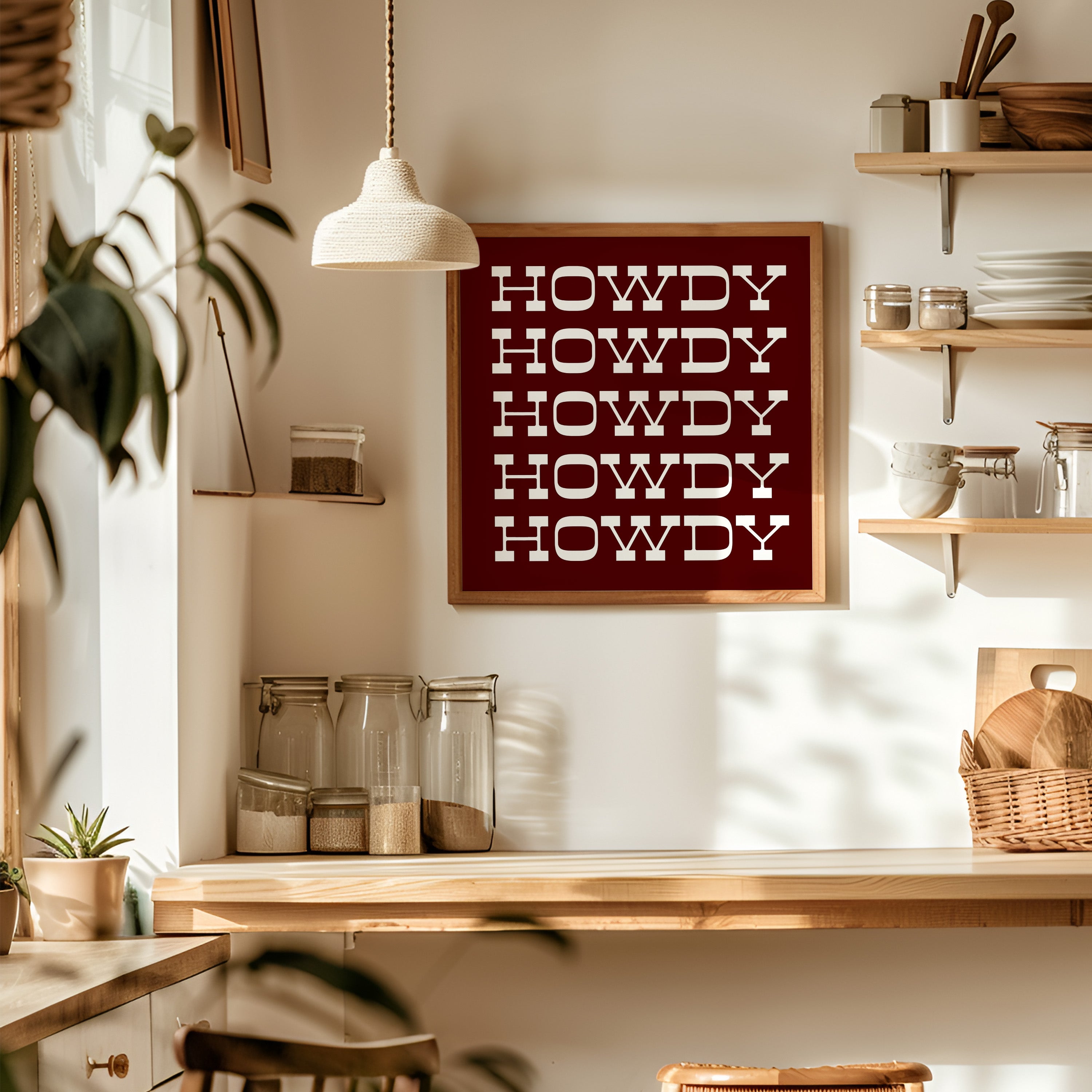 Howdy Typography Art Print Square Maroon and White - Tejas Country Club