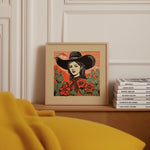 Desert Cowgirl Black Large Cowboy Hat Linocut Style Art Print - Tejas Country Club