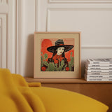 Desert Cowgirl Black Flat Brim Hat Linocut Style Art Print - Tejas Country Club