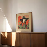 Desert Cowgirl Black Flat Brim Hat Linocut Style Art Print - Tejas Country Club