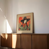 Desert Cowgirl Black Flat Brim Hat Linocut Style Art Print - Tejas Country Club