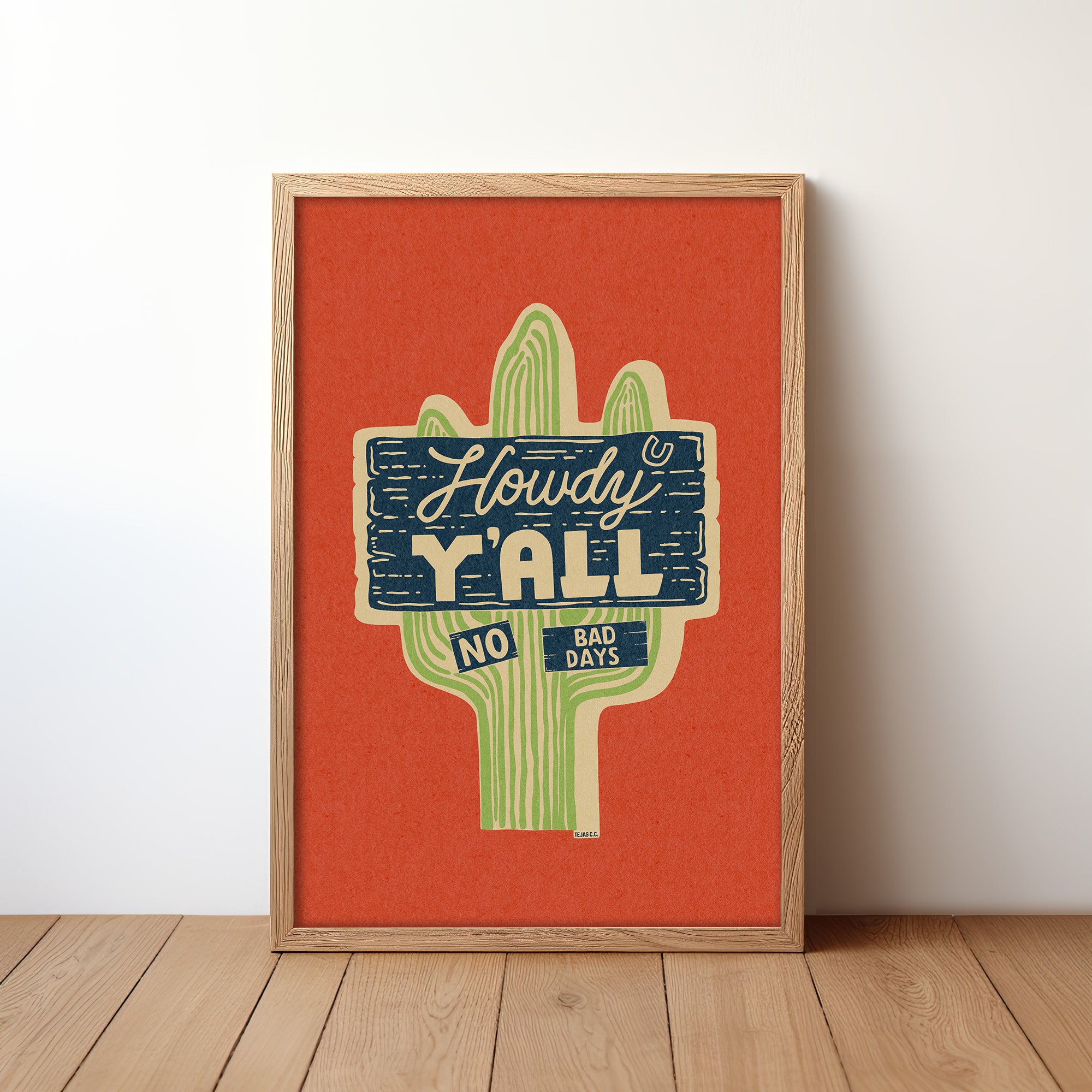 Howdy Y'all No Bad Days Vintage Cactus Sign Art Print - Tejas Country Club