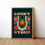Lucky You Floral Horseshoe Art Print - Navy - Tejas Country Club