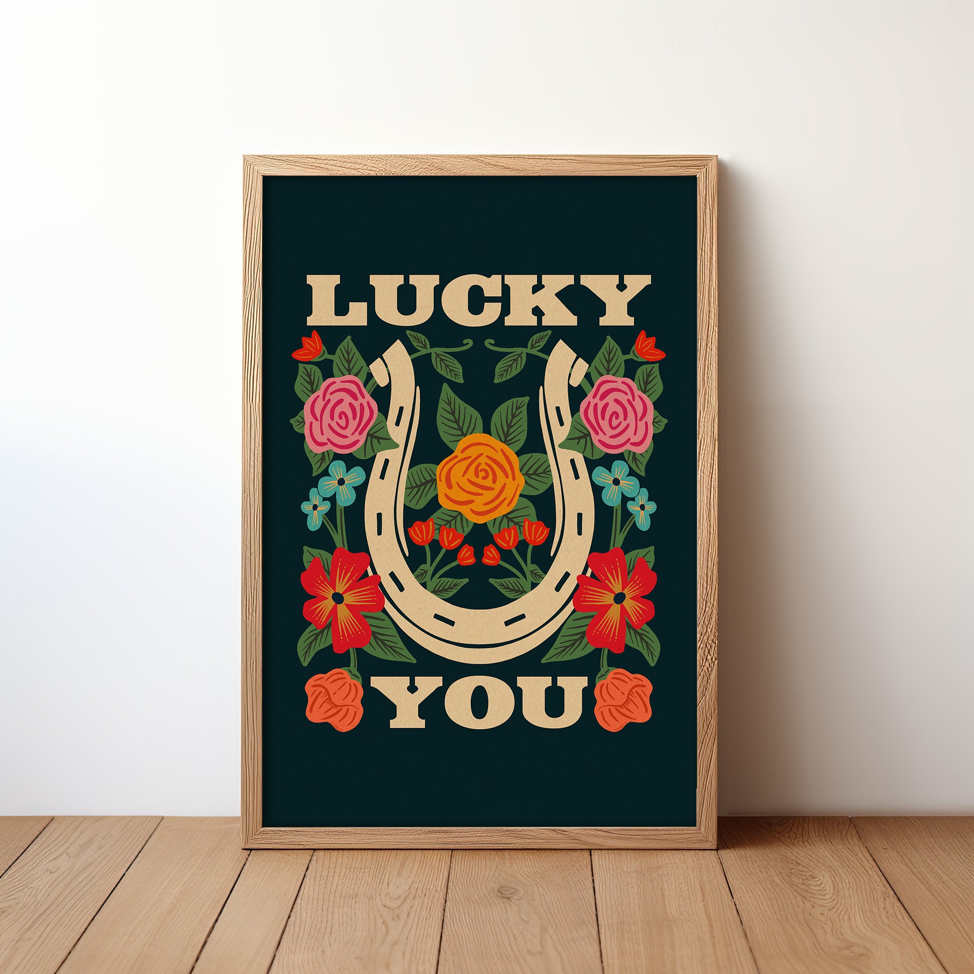 Lucky You Floral Horseshoe Art Print - Navy - Tejas Country Club