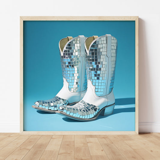 Disco Ball White Cowboy Boot Print