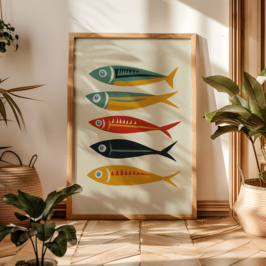 Five Sardines Mid Century Modern Art Print