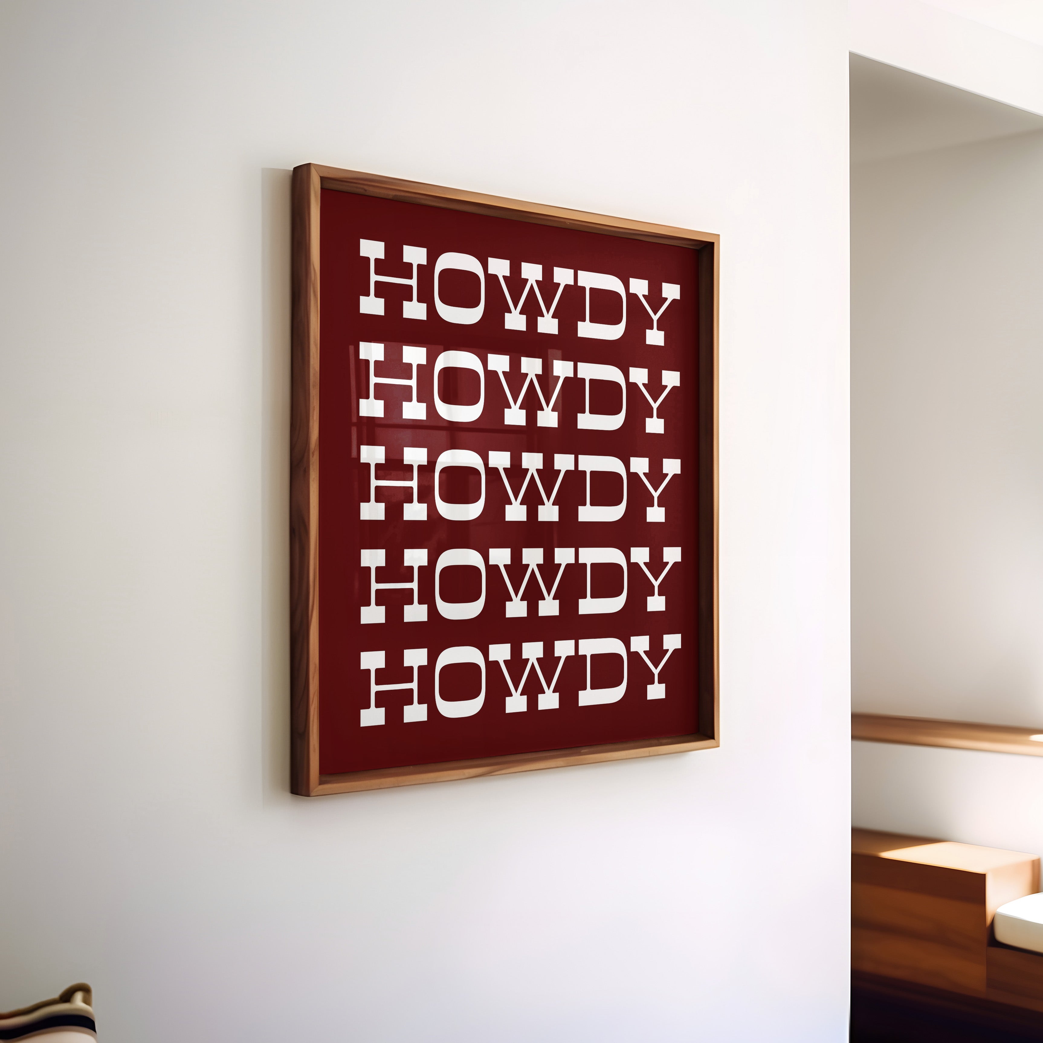 Howdy Typography Art Print Square Maroon and White - Tejas Country Club