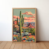 Vintage Paint By Numbers Style Saguaro Desert Art Print - Tejas Country Club