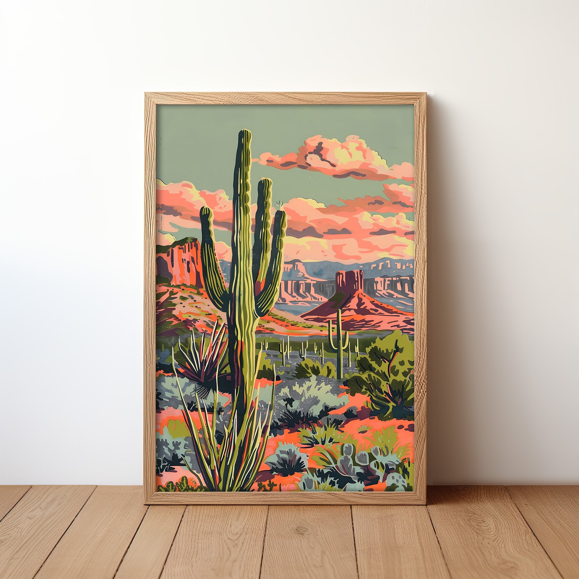 Vintage Paint By Numbers Style Saguaro Desert Art Print - Tejas Country Club