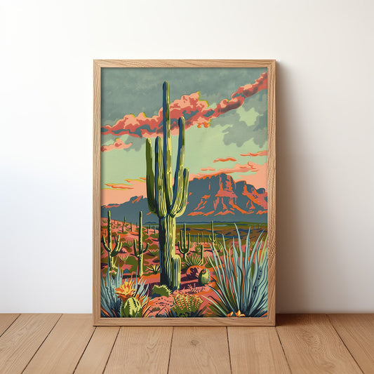 Vintage Paint By Numbers Style Arizona Desert Landscape Art Print