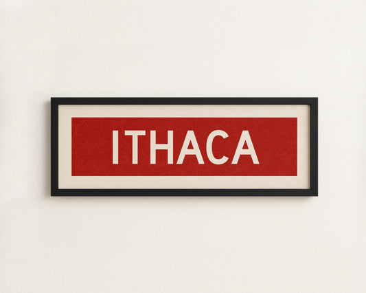 Framed Ithaca Red and White Bus Scroll