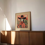 Desert Cowgirl Black Hat Red Band Linocut Style Art Print - Tejas Country Club