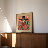 Desert Cowgirl Black Hat Red Band Linocut Style Art Print - Tejas Country Club