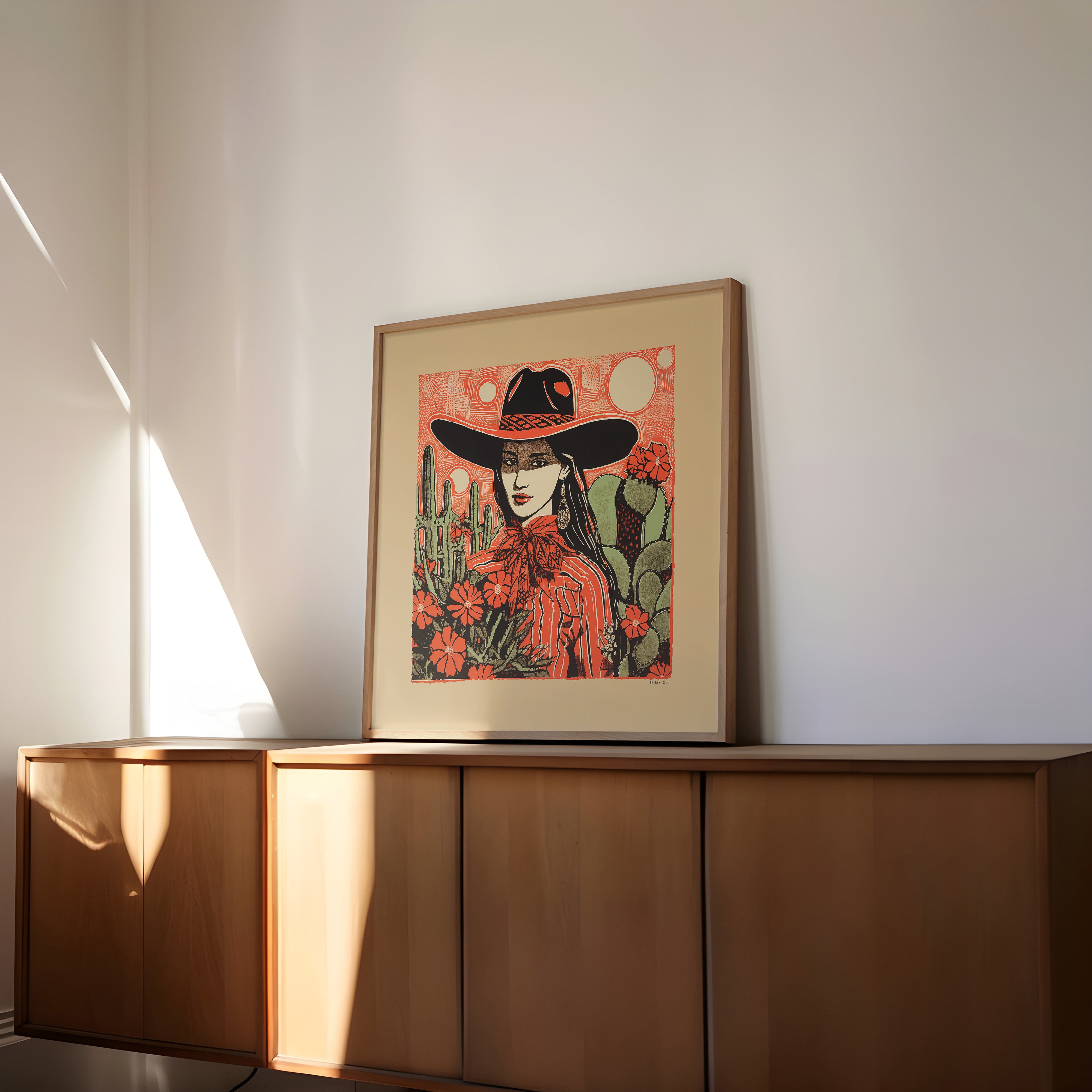 Desert Cowgirl Black Hat Red Band Linocut Style Art Print - Tejas Country Club