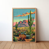 Vintage Postcard Style Desert Landscape Saguaro Art Print - Tejas Country Club