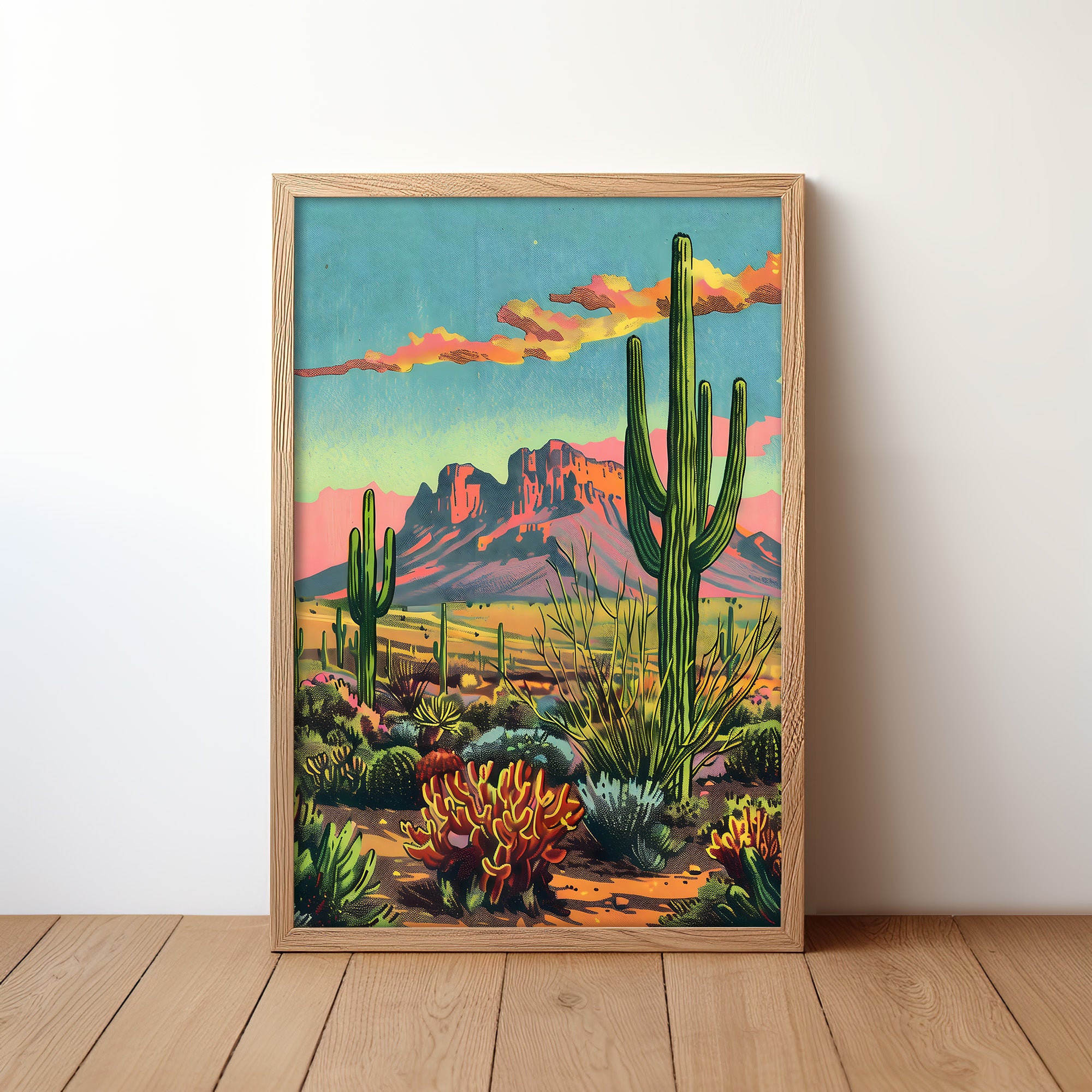 Vintage Postcard Style Desert Landscape Saguaro Art Print - Tejas Country Club