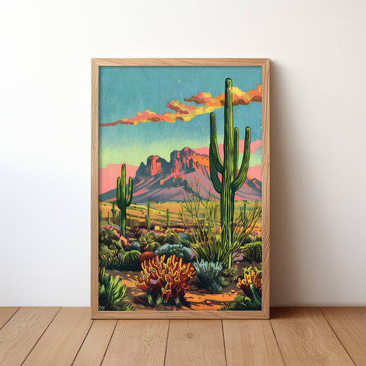 Vintage Postcard Style Desert Landscape Saguaro Art Print