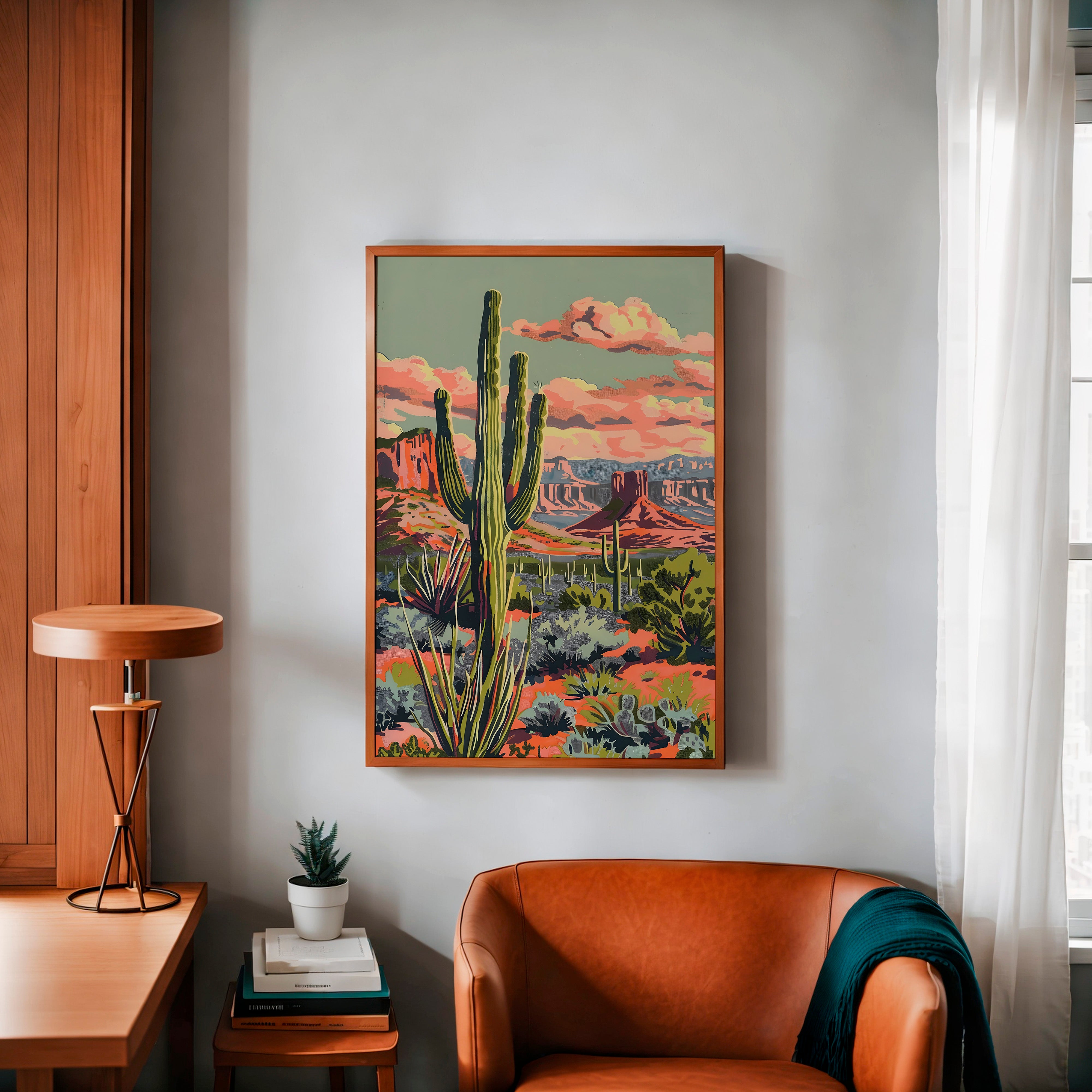 Vintage Paint By Numbers Style Saguaro Desert Art Print - Tejas Country Club