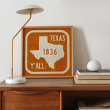 Texas Y'all Road Sign Art Print - Vintage Orange - Tejas Country Club