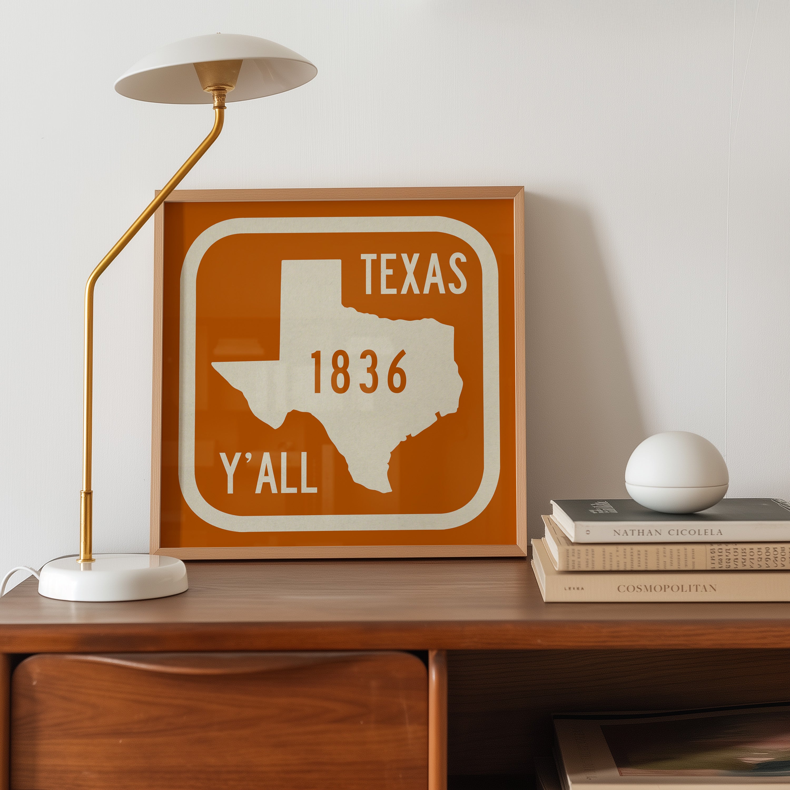 Texas Y'all Road Sign Art Print - Vintage Orange - Tejas Country Club