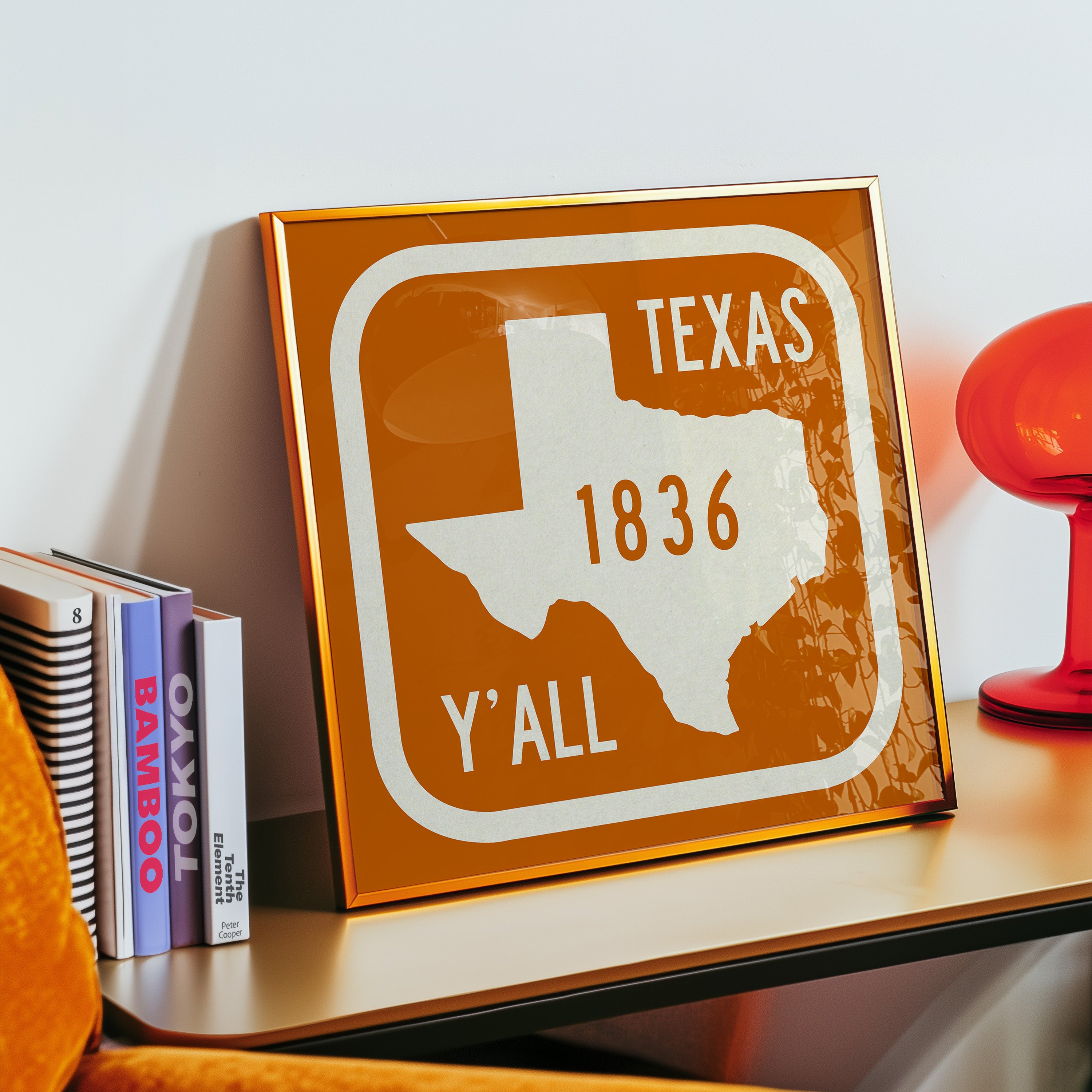 Texas Y'all Road Sign Art Print - Vintage Orange - Tejas Country Club