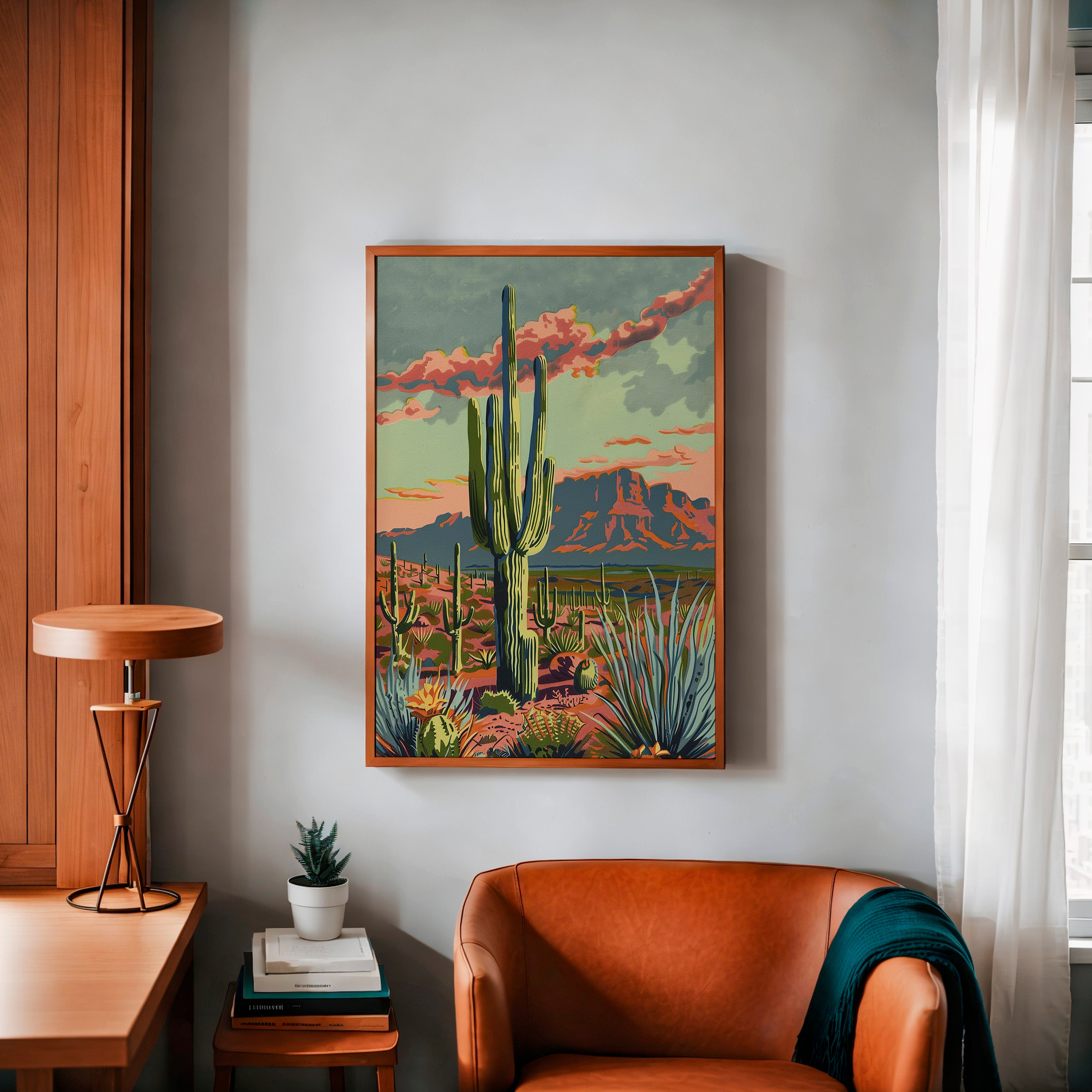 Vintage Paint By Numbers Style Arizona Desert Landscape Art Print - Tejas Country Club