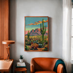 Vintage Postcard Style Desert Landscape Saguaro Art Print - Tejas Country Club