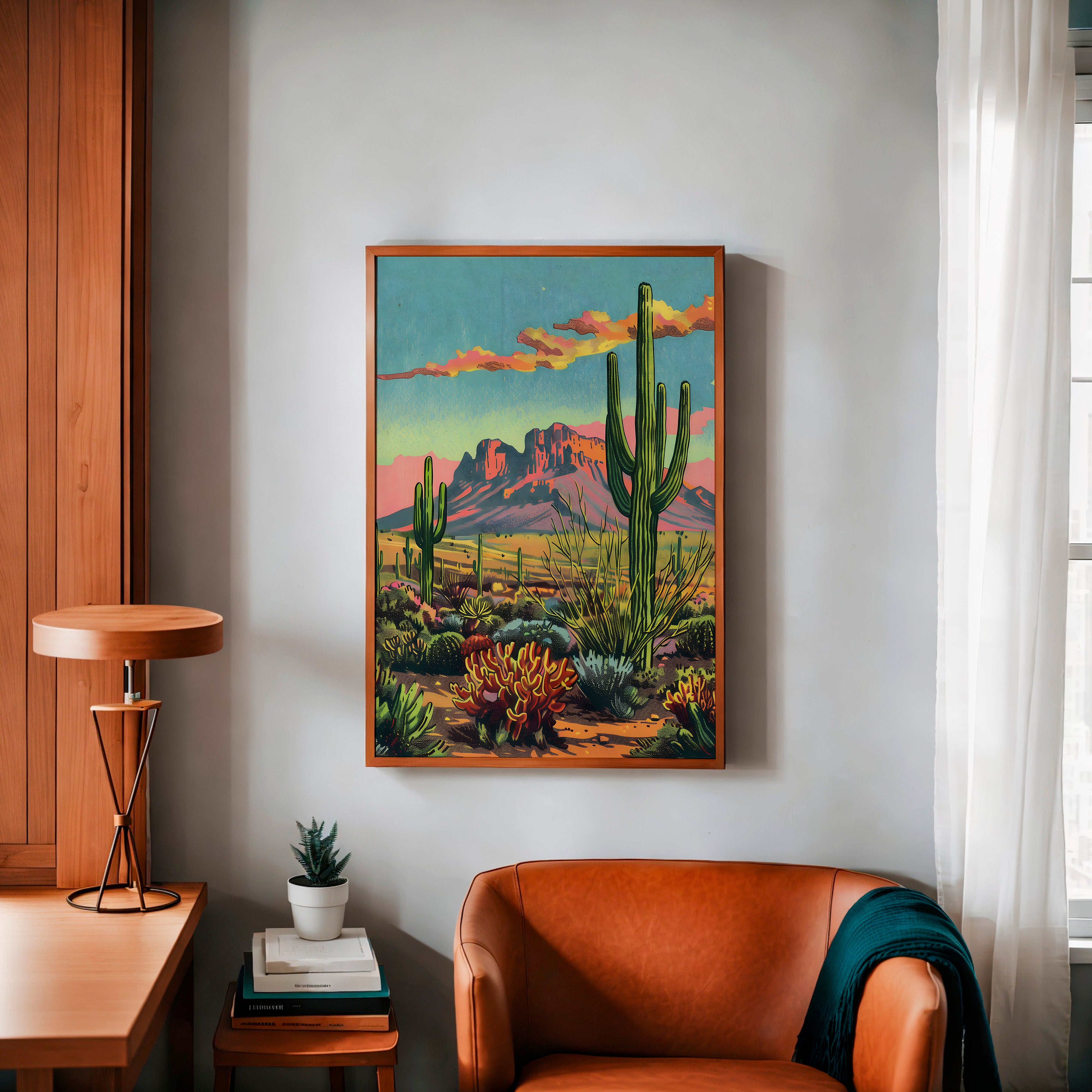 Vintage Postcard Style Desert Landscape Saguaro Art Print - Tejas Country Club