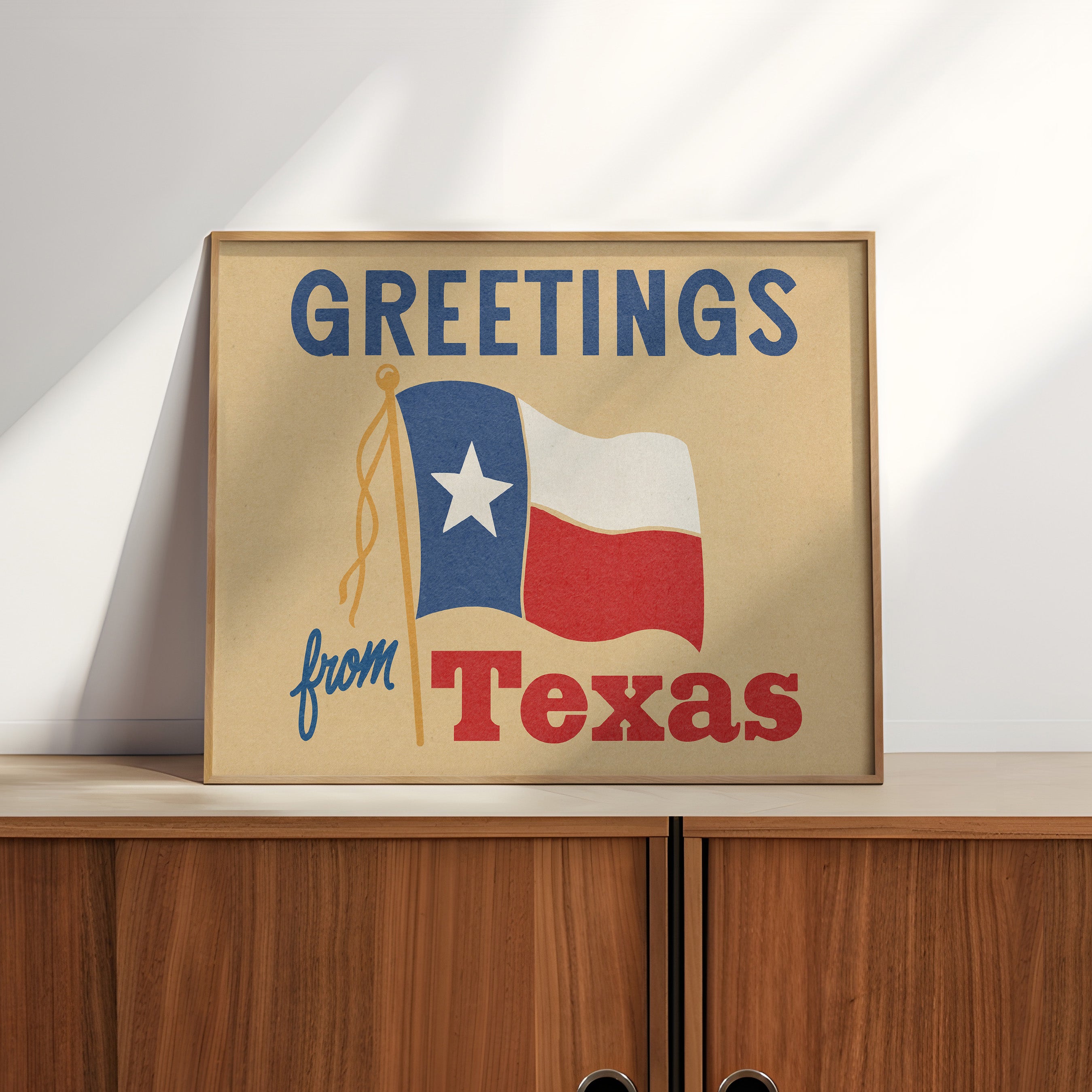 Greetings From Texas Flag Art Print (Natural) - Tejas Country Club