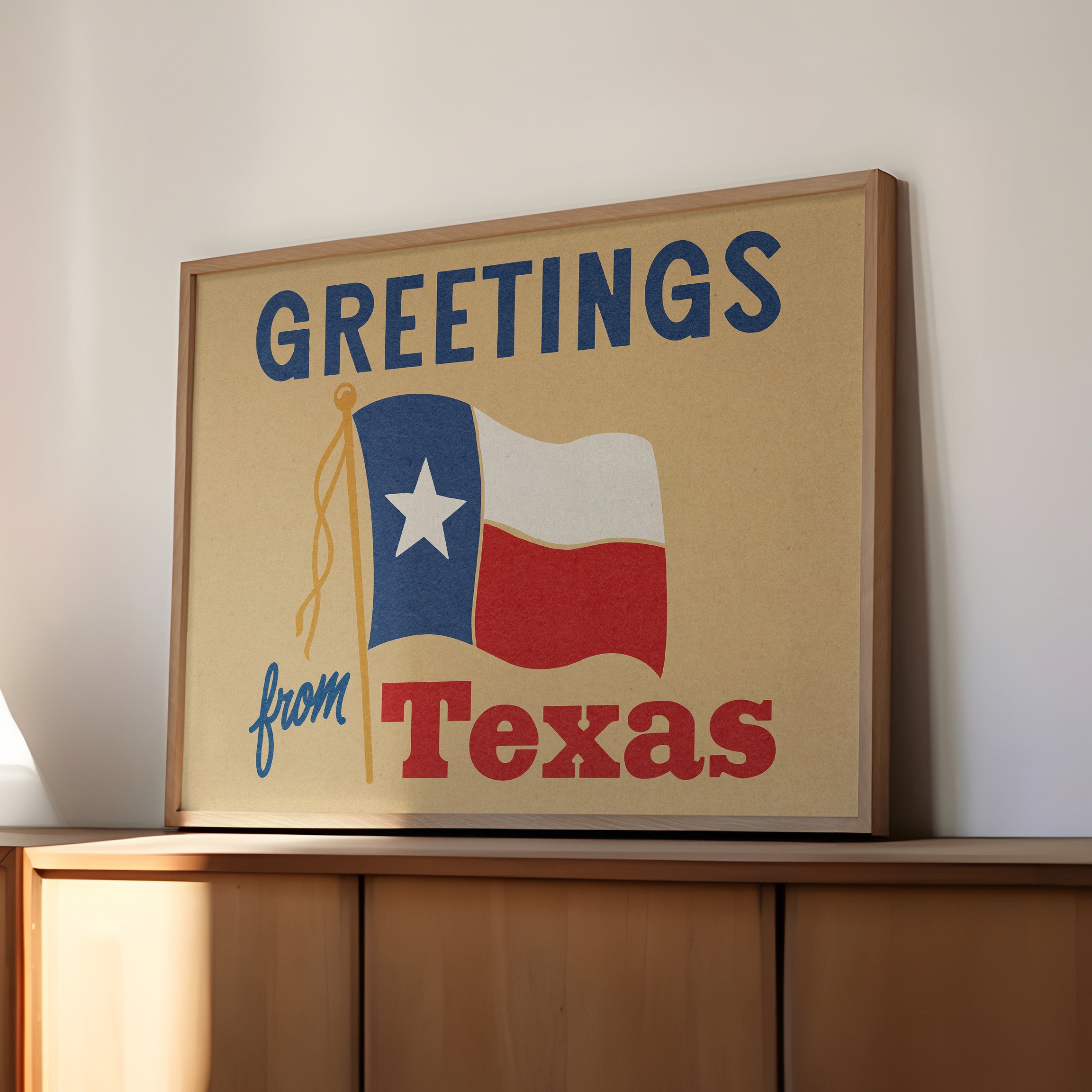 Greetings From Texas Flag Art Print (Natural) - Tejas Country Club