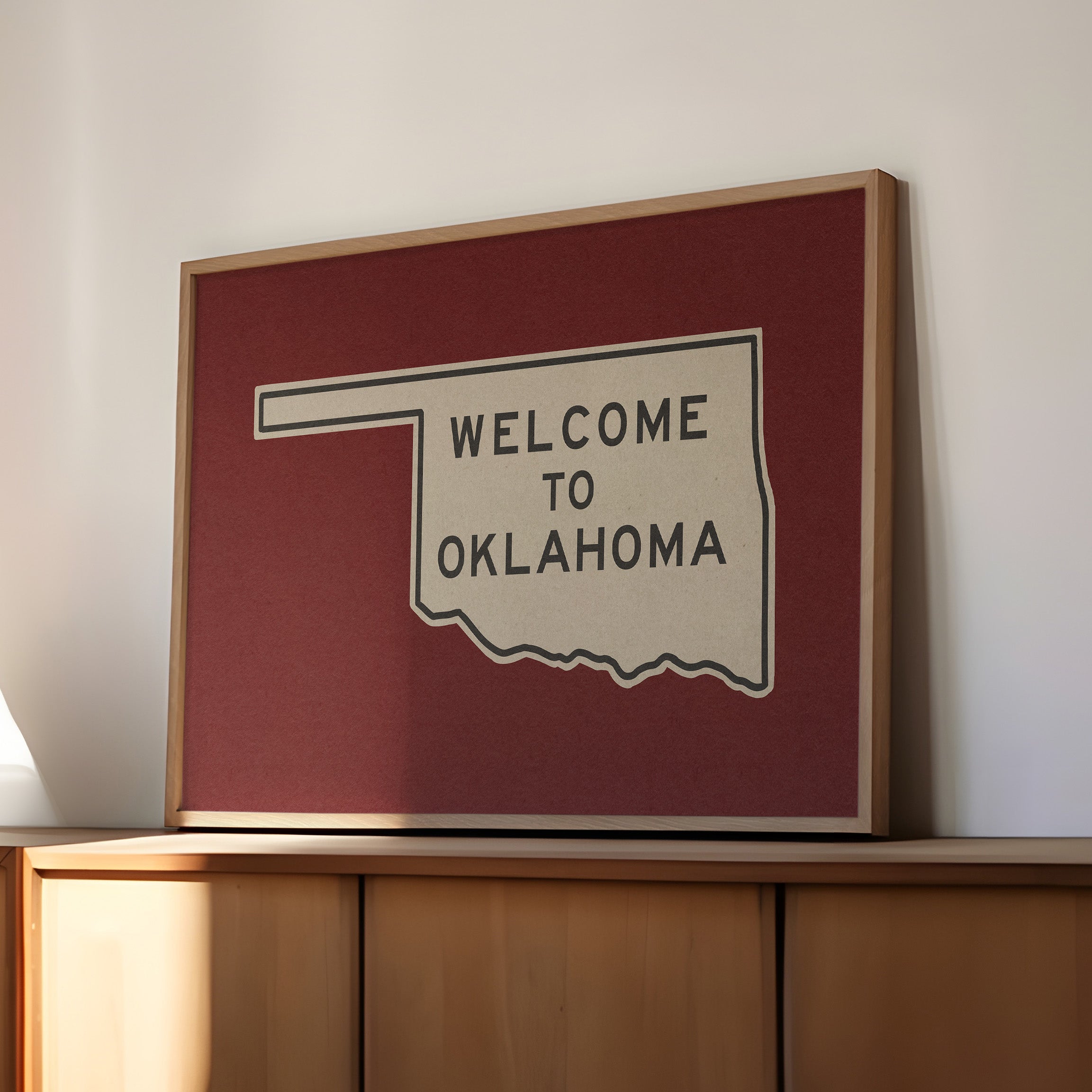 Welcome To Oklahoma Vintage Crimson Road Sign Art Print - Tejas Country Club
